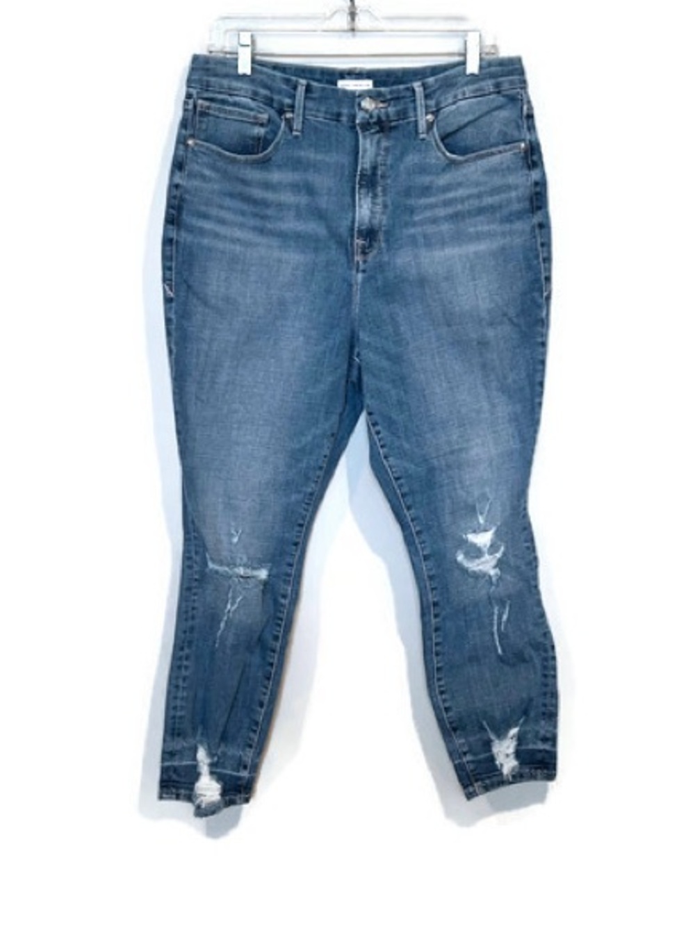 Good American Distressed Ankle Skinny Jeans - Medium Blue